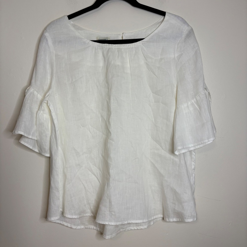 Sundance Women's White Linen Bell Sleeve‎ Round Neck Top Size M